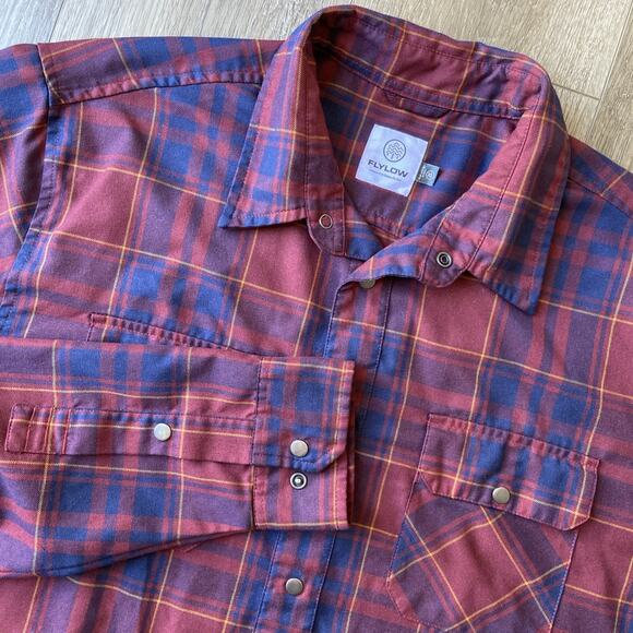 Flylow Shirt Mens Sz XL Red Blue Plaid Snap Button Up Outdoor Hiking - Picture 1 of 13